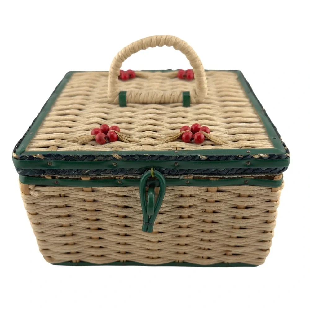 Vintage Japan Wicker Sewing Basket  Cherry Berry Lid Square Box Needs‎ Lining